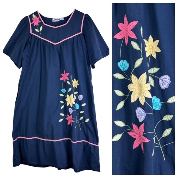 National Sz Large 12 14 House Dress Mumu Kaftan Navy Blue Floral Vibrant Flowy - Picture 1 of 4
